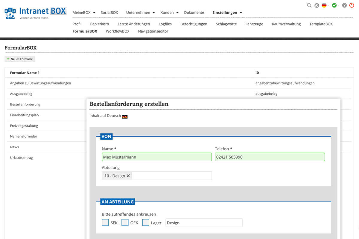 Intranet Software Wissensdatenbank DashboardBOX Erweiterungen Intranet Software Wissensdatenbank FormularBOX